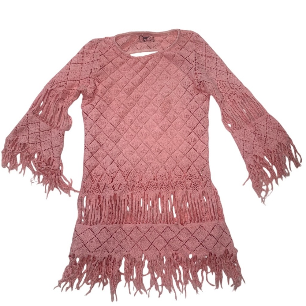 Beach Resort Pink Crochet Open Back Fringe Top Boho Swim Coverup Tunic XS SMALL